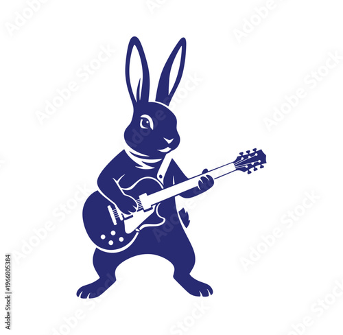 blue rabbit playing electric guitar on white background