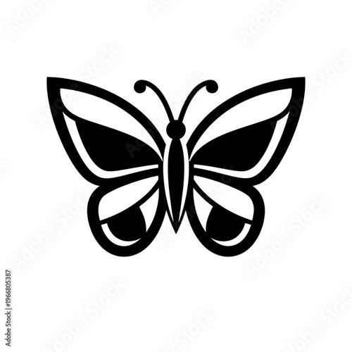 Elegant and minimalist black and white butterfly icon, a beautifully stylized vector silhouette perfect for design projects, graphic art, nature themes, logos, branding, decorative elements, and digit
