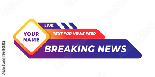 Modern lower third banner template with bold “Breaking News” text, vibrant gradient shapes, and space for name and live news feed. Clean, dynamic design ideal for broadcast or streaming.