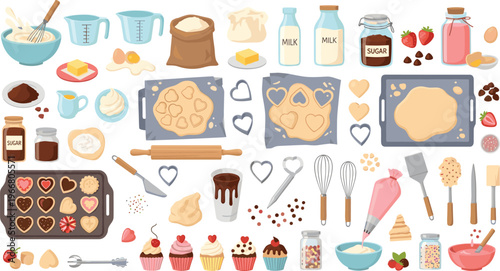 Baking and Pastry Making Icon Set with Flour, Sugar, Baking Tools, Cupcakes, Cookie Dough, and Sweet Treats for Home Bakers.