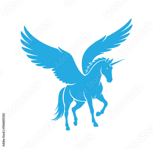 blue unicorn with large wings spread out on white background