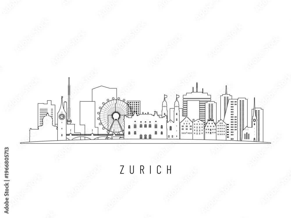 Obraz premium Detailed Zurich skyline vector illustration. Zurich buildings in line art style, perfect for modern designs.