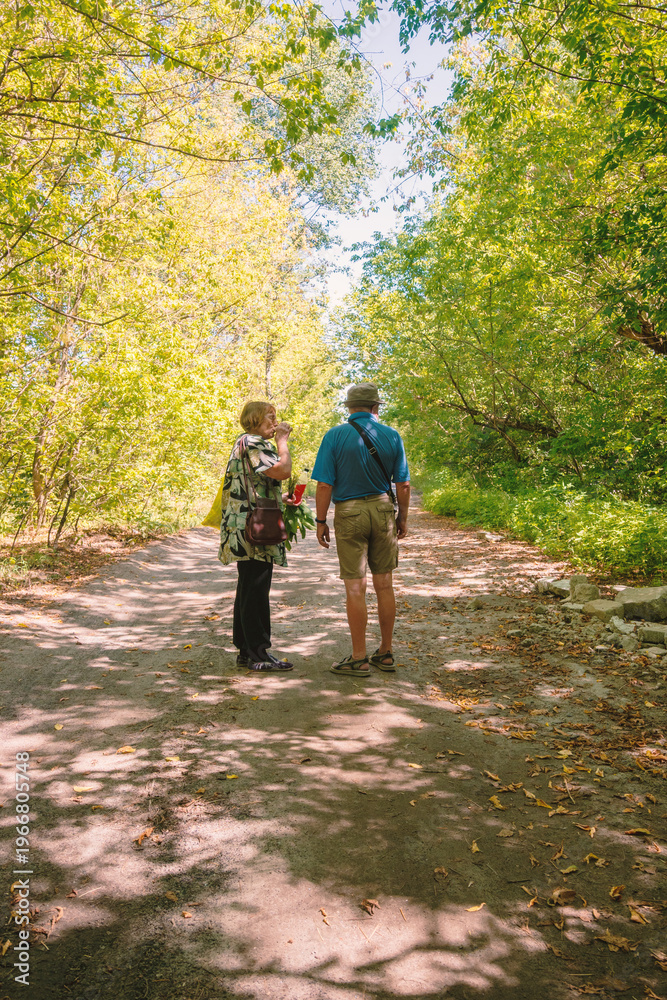Fototapeta premium Senior Couple Enjoying a Peaceful Walk Along a Sun-Dappled Forest Path in Summer