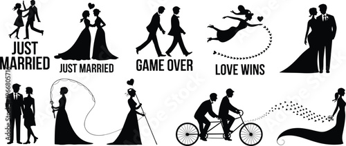 Wedding silhouettes illustration, romantic couple scenes, just married design, love wins artwork, game over humor, bridal figures, groom icons, celebration