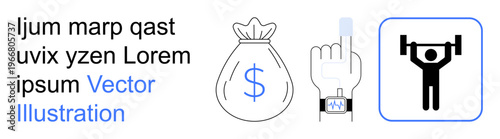 Finance, digital tools, technology, health, fitness, smart solutions. Bag with dollar sign, smartwatch person weightlifting. Finance and technology practical solutions for growth