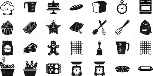 Baking icons illustration set, kitchen tools artwork, dessert design elements, bakery equipment silhouettes, cooking utensils graphic, pastry concept, food preparation