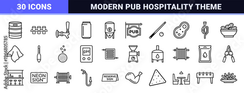 Craft Brewery and Pub Culture Linear Design Set featuring minimalist Monoline Geometric Outlines for Professional Branding and Apps.