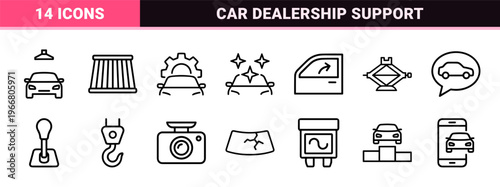 Automotive Service and Car Dealership Minimalist Monoline Icon Set featuring Geometric Line Art for Vehicle Maintenance and Sales.