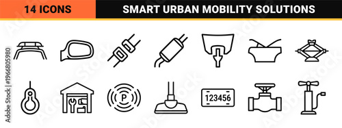 Automotive Maintenance and Smart Mobility Solutions Minimalist Monoline Geometric Outline Technical Icons for Professional UI Design