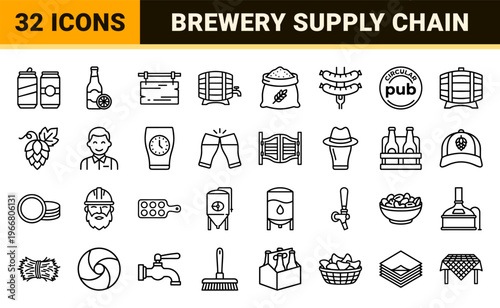Craft Brewery and Traditional Pub Culture Outline Symbols Featuring Minimalist Monoline Icons for Beverage Industry and Bar Menu Design