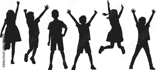 Children silhouettes jumping, kids playing together, energetic childhood moments, fun activity illustration, youth lifestyle, happy group, motion concept, playful figures, dynamic poses