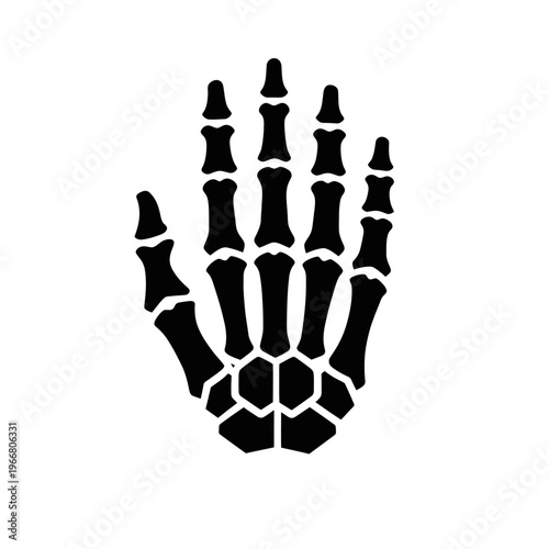 Black silhouette of a human skeleton hand, featuring intricate bone details of phalanges, metacarpals, and carpals. A striking anatomical illustration, perfect for medical, educational, or spooky Hall