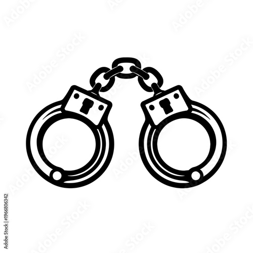 Stylized black and white vector icon of a pair of metal handcuffs, linked by a chain. This symbolic image represents law enforcement, justice, security, arrest, and detention within the legal system.
