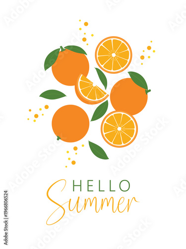 Hello summer card with fresh oranges fruits, card, poster

