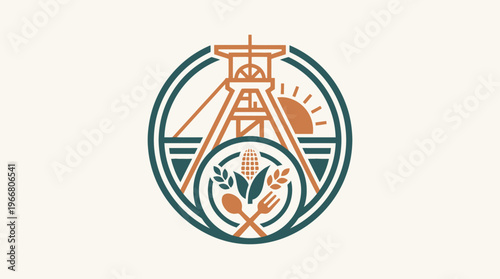 Stylized Emblem Depicting Mining Tower Sun and Harvest Elements