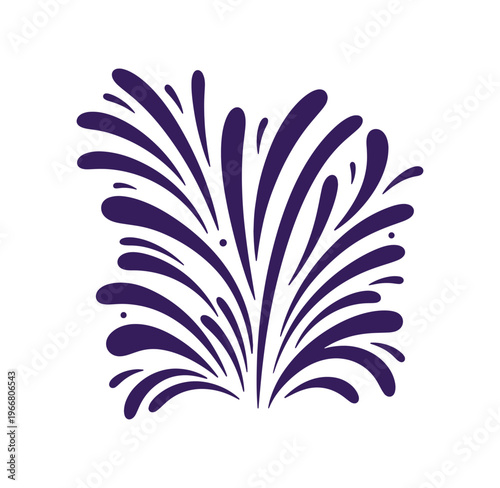 Purple abstract floral design element with curved lines and dots on white background