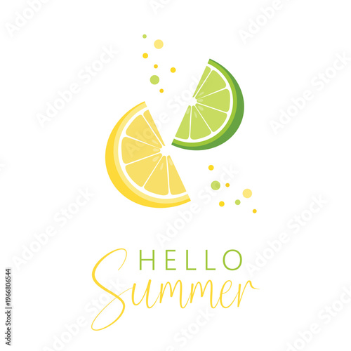 Hello summer card with fresh lemon lime fruits