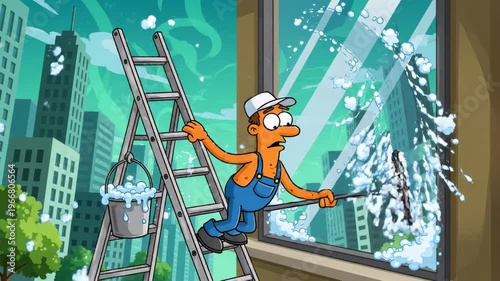 Cartoon window washer cleaning high rise building glass cartoon style animated worker climbing ladder cleaning service illustration