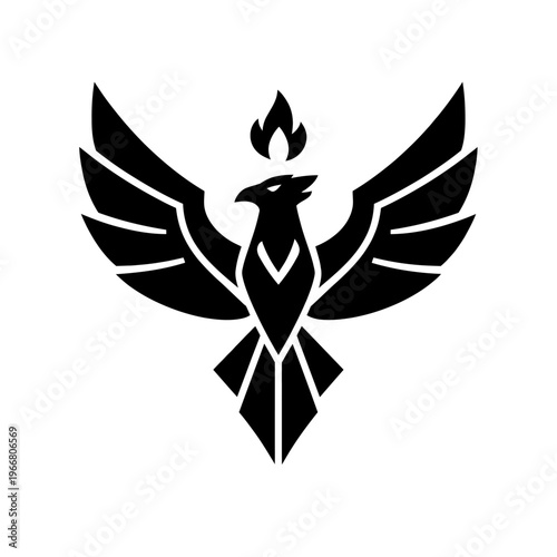 Powerful Black Phoenix Logo Silhouette, a striking emblem featuring stylized geometric wings and a vivid flame crown, symbolizing mythical rebirth, resilience, triumph, and eternal spirit. Perfect for