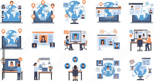 Video Conferencing and Remote Collaboration Icon Set with Global Connection, Online Meetings, Virtual Communication, and Digital Workspace Elements.