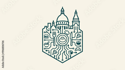 Modern Restaurant Logo Featuring Iconic Buildings and Food Elements