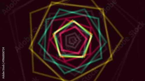Abstract geometric pattern of overlapping colorful pentagons, blurred on a dark background