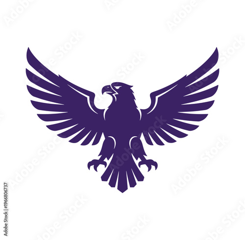 Purple eagle bird with open wings and sharp talons flying high in the air  strong and free