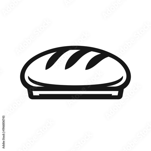 Black and white vector icon of a rustic artisan bread loaf, perfectly scored. Ideal for bakery logos, food menus, grocery apps, cooking blogs, recipe sites, and culinary branding. Represents fresh, wh
