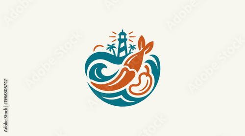 Chili Shrimp Logo with Lighthouse and Waves