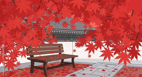 Autumn Park Scene with Wooden Bench Under Red Maple Trees