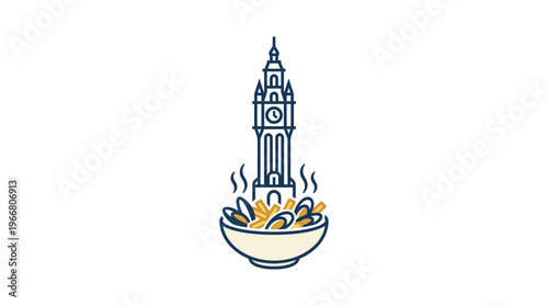 Icon of Belfry Tower with Bowl of Steaming Seafood