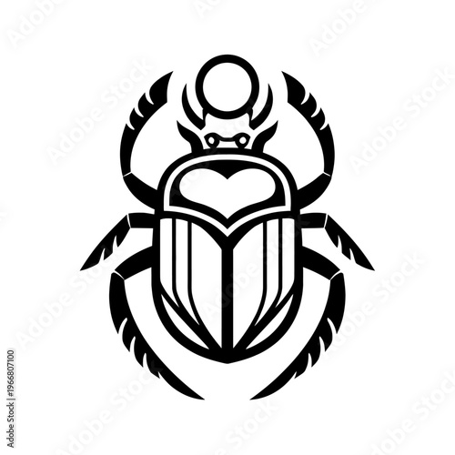 Ancient Egyptian Scarab Beetle Art Illustration with Sun Disk Symbolism: A Timeless Emblem of Rebirth, Protection, and Creation in Striking Black and White Minimalist Design, Perfect for Spiritual & H