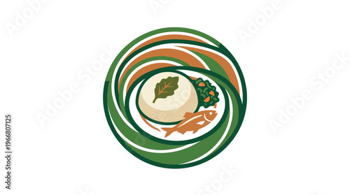 Abstract Food Dish Design with Rice Fish and Greens