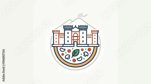Stylized Neapolitan Pizza Logo with Fortress and Volcano