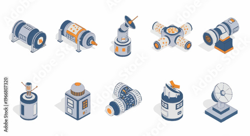 Collection of Futuristic Sci-Fi Space Station Components and Equipment.