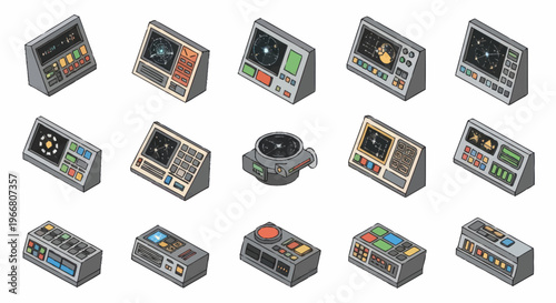 Retro Futuristic Electronic Devices and Control Panels Collection.