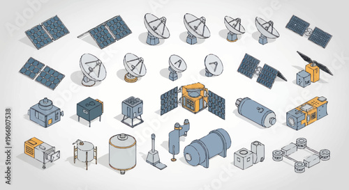 Collection of Isometric Space Satellites and Components.
