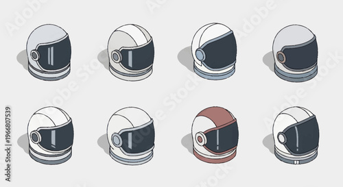 Collection of Isometric Astronaut Helmets in Various Designs.