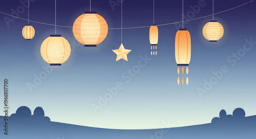 Festive Hanging Lanterns and Star Decoration against Night Sky Background