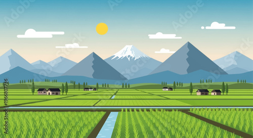 Flat Vector Illustration of Rural Rice Fields and Mountain Landscape