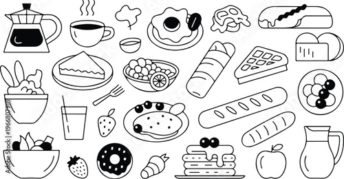 Hand drawn food doodle collection featuring pancakes coffee pizza and bakery items black and white seamless brunch theme design