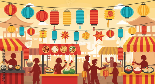 Chinese Night Market Street Food Festival with Colorful Lanterns