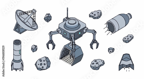 Space mining robot with asteroids and equipment illustration.