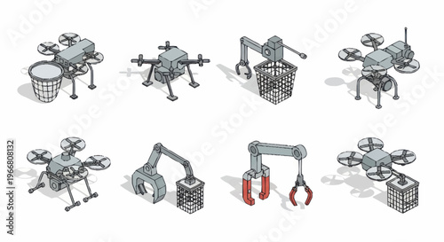 Collection of Industrial Drones and Robotic Arms with Grippers.