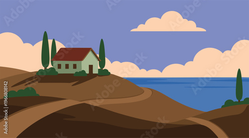 Minimalist Landscape Art of a House on a Hill by the Sea