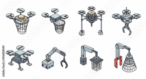 Set of isometric industrial robots and drones.