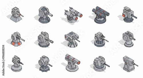 Collection of Isometric Turret Designs for Gaming and Technology.