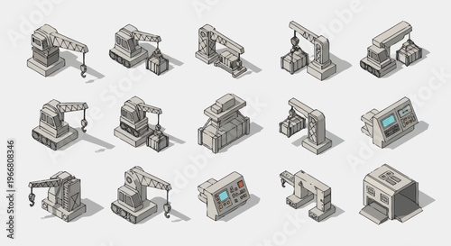 Collection of Industrial Robotic Arms and Machinery in Isometric View.