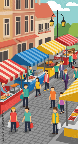 Isometric Street Market Scene with People Shopping at Colorful Stalls