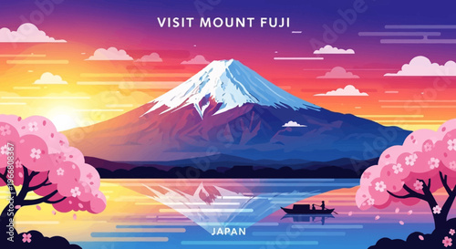 Mount Fuji Japan Landscape with Cherry Blossoms and Sunset View